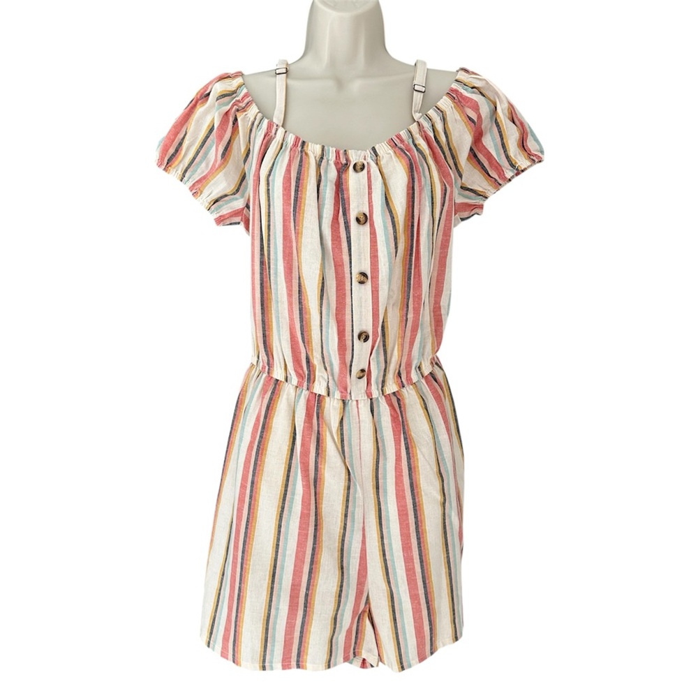 Speed Control Women’s Size 1X Pastel Striped Romper Off Shoulder Button NWT